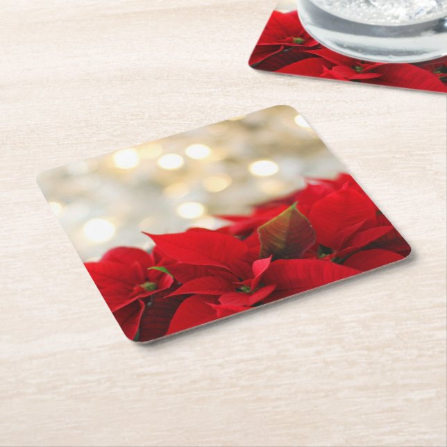 Christmas Poinsettia Square Paper Coaster (Angled)