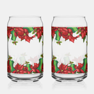Christmas Poinsettia & Stockings   Festive Holiday Can Glass