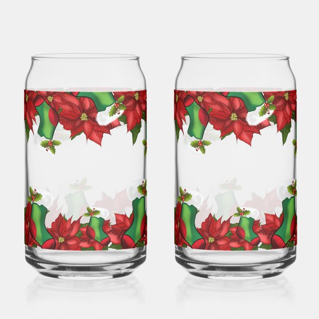Christmas Poinsettia & Stockings | Festive Holiday Can Glass (Front)
