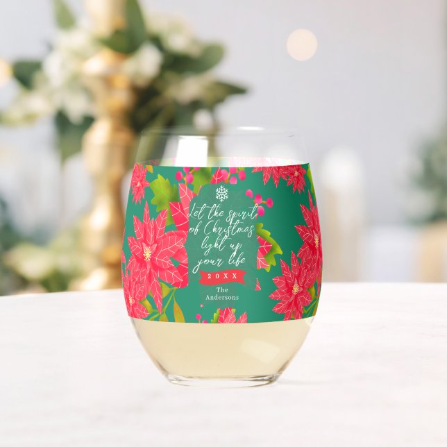 Christmas Poinsettia Teal Stemless Wine Glass (Insitu (Wedding))
