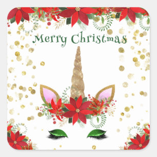 Christmas Poinsettia Unicorn Green Party Favors Square Sticker