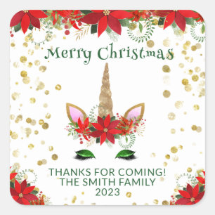 Christmas Poinsettia Unicorn Green Party Favours Square Sticker