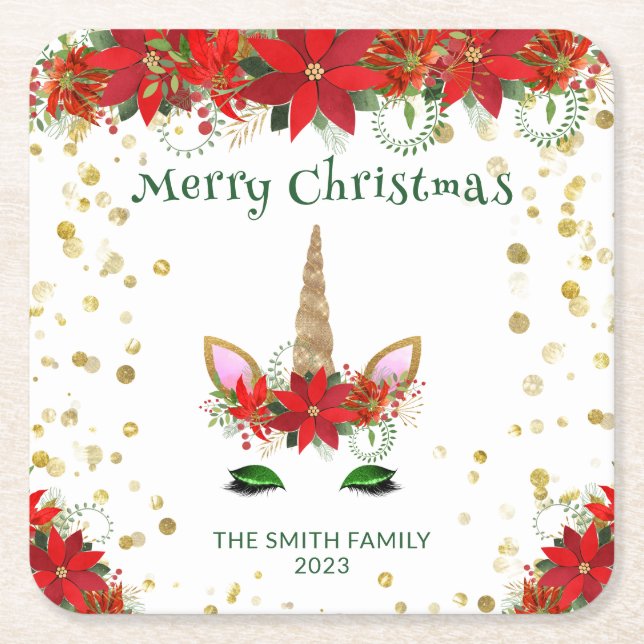 Christmas Poinsettia Unicorn with Green Font Party Square Paper Coaster (Front)