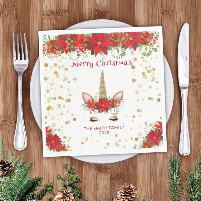Christmas Poinsettia Unicorn with Red Font Party Napkin (Creator Uploaded)