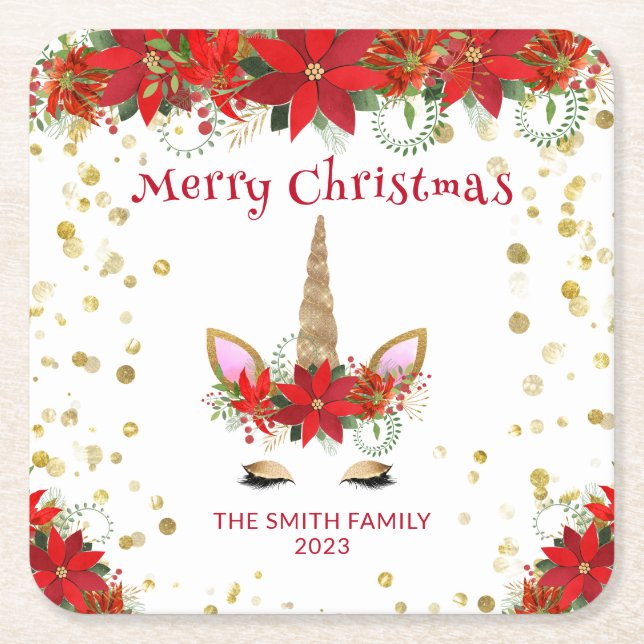 Christmas Poinsettia Unicorn with Red Font Party Square Paper Coaster (Front)