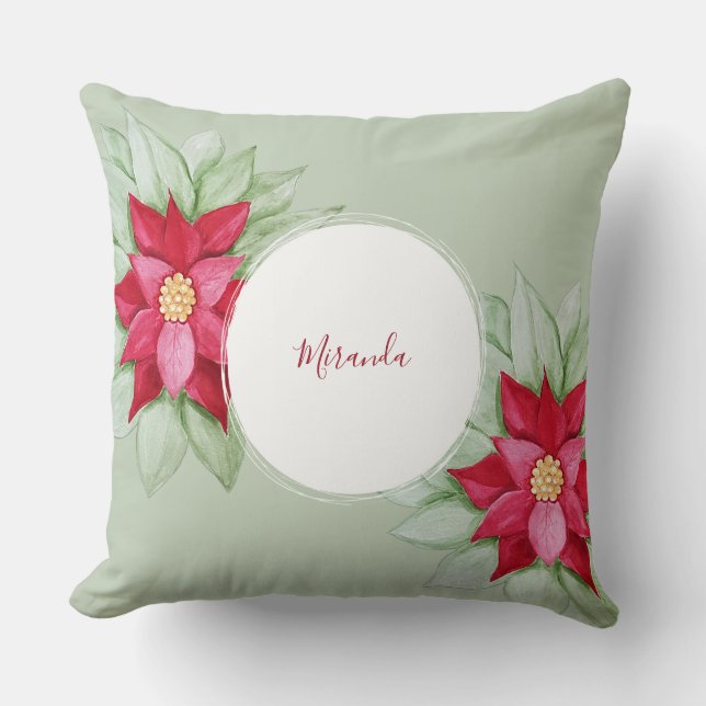 Christmas Poinsettia Watercolor Hand-painted Cushion (Front)