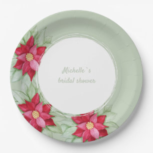 Christmas Poinsettia Watercolor Hand-painted Paper Plate