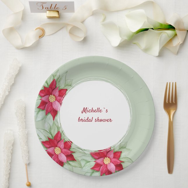 Christmas Poinsettia Watercolor Hand-painted Paper Plate (Wedding)