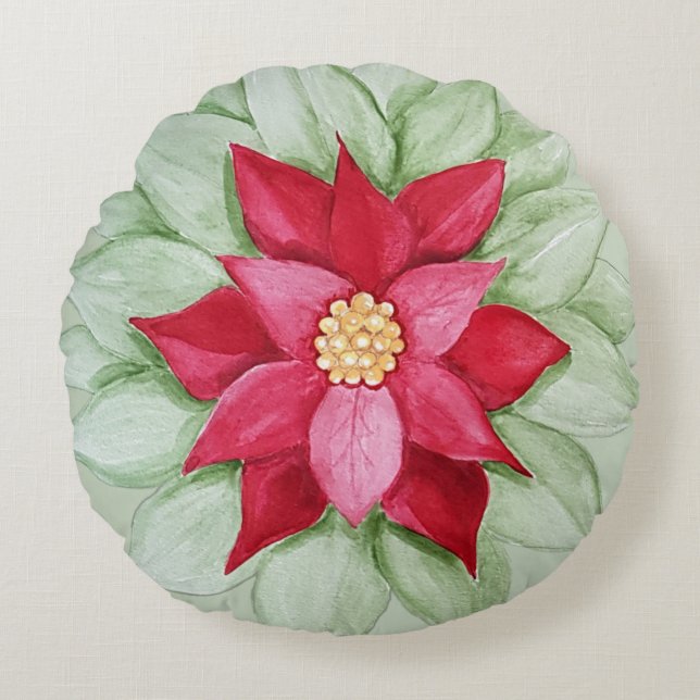 Christmas Poinsettia Watercolor Hand-painted Round Cushion (Front)