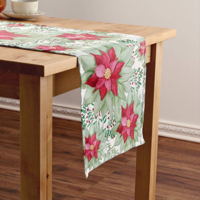 Christmas Poinsettia Watercolor Hand-painted Short Table Runner (In Situ)