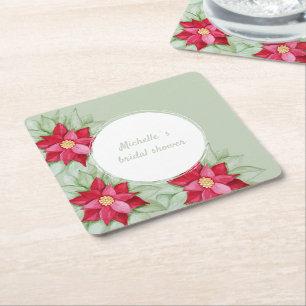 Christmas Poinsettia Watercolor Hand-painted Square Paper Coaster