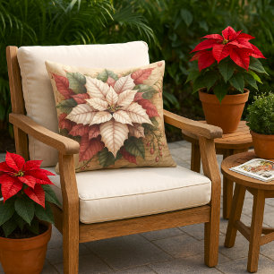 Christmas Poinsettia White and Red Porch or Patio Cushion