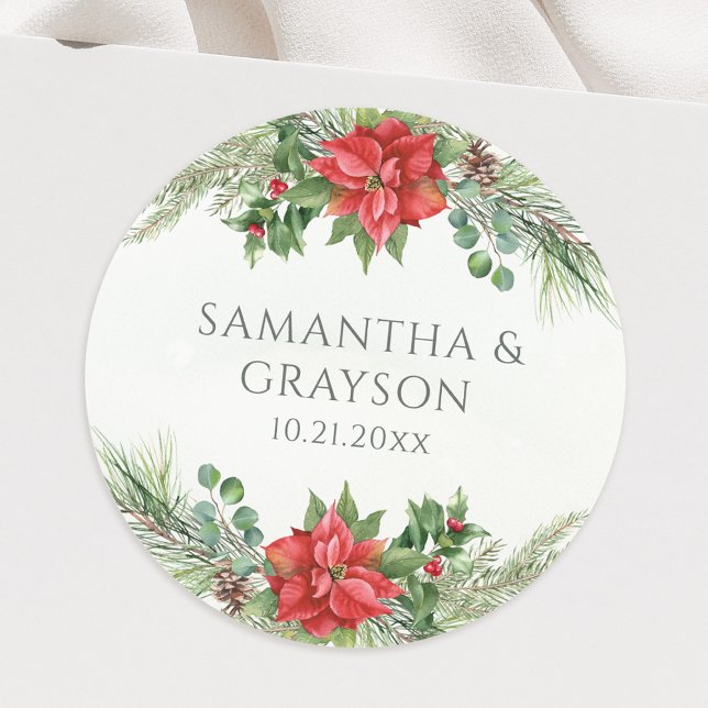 Christmas Poinsettia Winter Botanical Greenery Classic Round Sticker (Creator Uploaded)