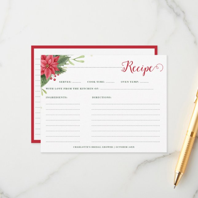 Christmas Poinsettia Winter Bridal Shower Recipe Enclosure Card (Front/Back In Situ)