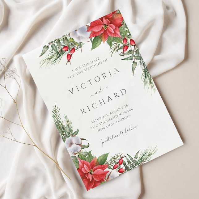 Christmas Poinsettia Winter Greenery Botanical Save The Date (Creator Uploaded)