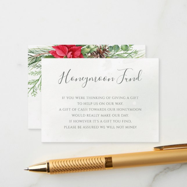 Christmas Poinsettia Winter Greenery Wedding Enclosure Card (Front/Back In Situ)