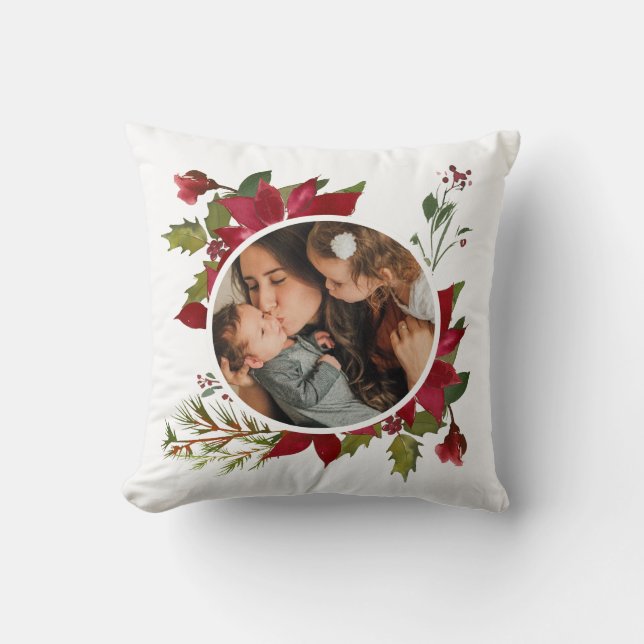Christmas Poinsettia Wreath Photo Cushion (Front)