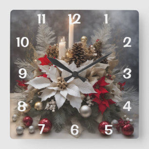 Christmas Poinsettias and Candles Square Wall Clock