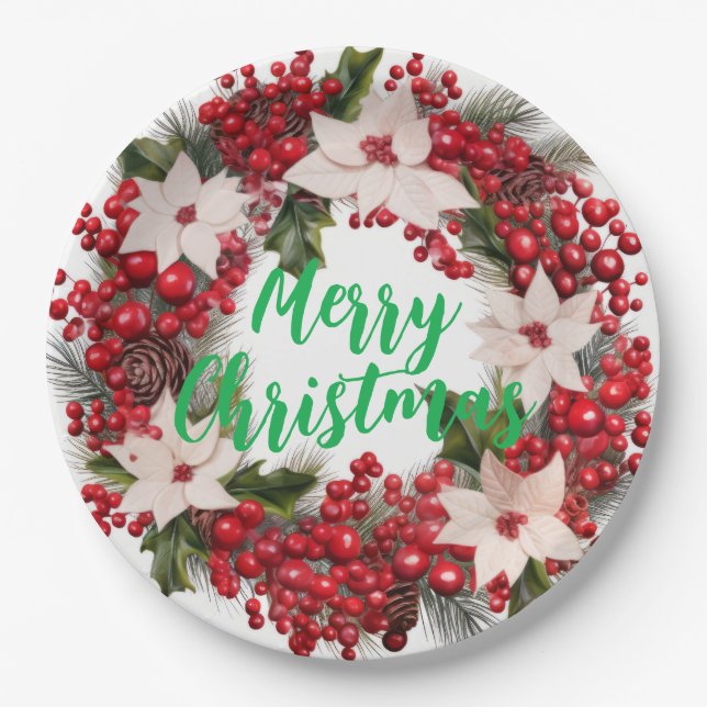 Christmas Poinsettias and Holly  Paper Plate (Front)