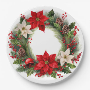 Christmas Poinsettias and Holly  Paper Plate