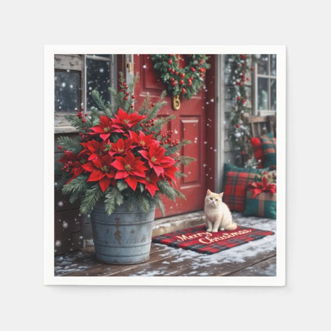 Christmas Poinsettias and White Cat On Doormat Napkin (Front)