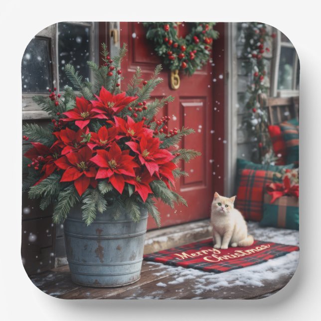 Christmas Poinsettias and White Cat On Doormat Paper Plate (Front)