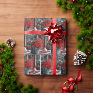 Christmas Poinsettias and White Cat On Doormat Wrapping Paper