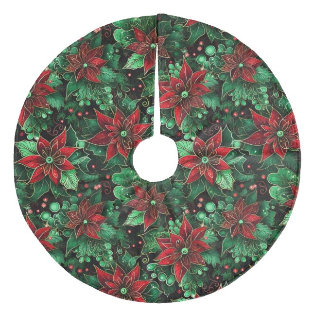 Christmas Poinsettias Fleece Tree Skirt (Front)