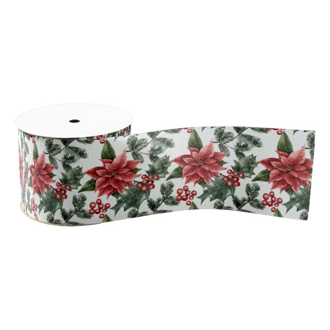 Christmas Poinsettias Holly Berries and Leaves Grosgrain Ribbon (Spool)