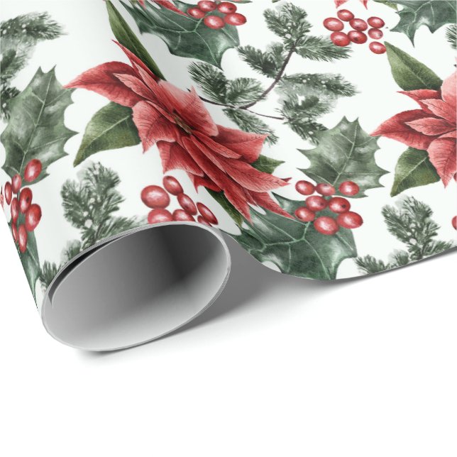 Christmas Poinsettias Holly Berries and Leaves  Wrapping Paper (Roll Corner)