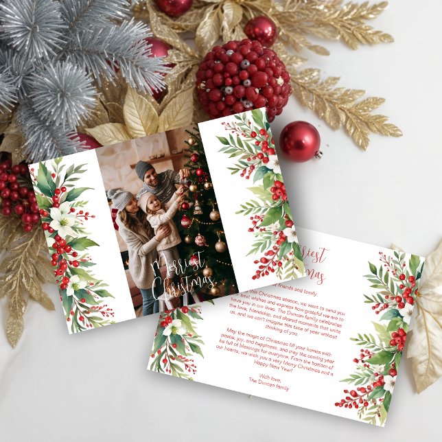 Christmas Poinsettias Holly Floral Family Photo Holiday Card (Christmas Inspirations Poinsettias &Holly Sweet Floral Family Photo Holidays Cards.)