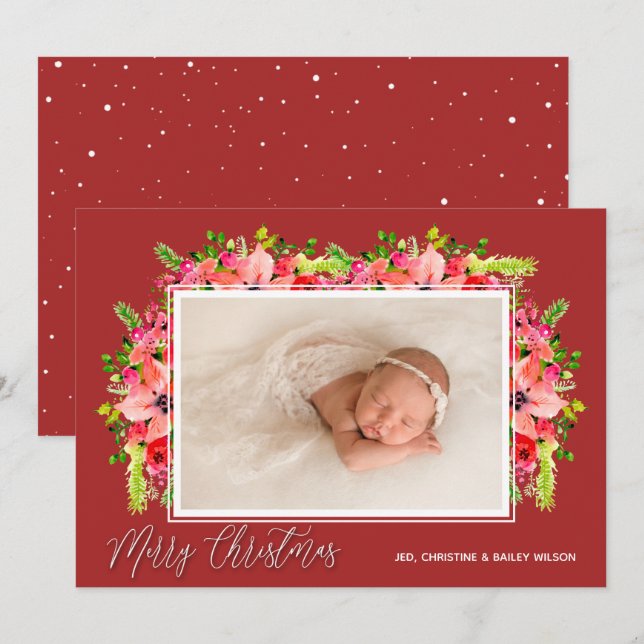 Christmas Poinsettias Photo Holiday Card (Front/Back)