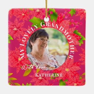 Christmas Poinsettias Red Photo Grandmother Red Ceramic Ornament