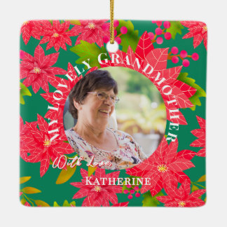 Christmas Poinsettias Red Photo Grandmother Teal Ceramic Ornament