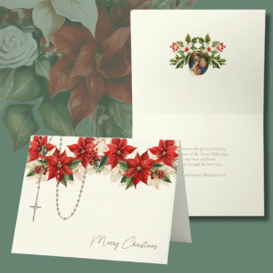 Christmas Poinsettias Rosary Virgin Mary Jesus Holiday Card