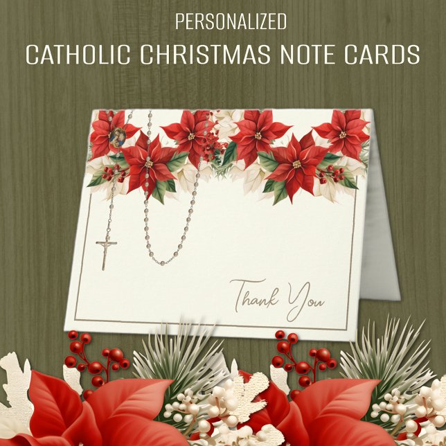 Christmas Poinsettias Rosary Virgin Mary Jesus Holiday Card (Catholic Christmas Thank You Notecards with the Rosary and the Blessed Mother and Jesus inside. )