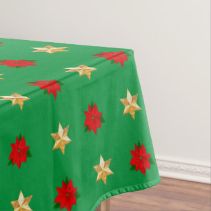 Christmas Poinsettias & Stars on Green Tablecloth
