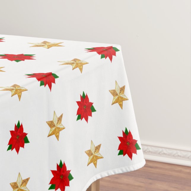 Christmas Poinsettias & Stars on White Tablecloth (In Situ)