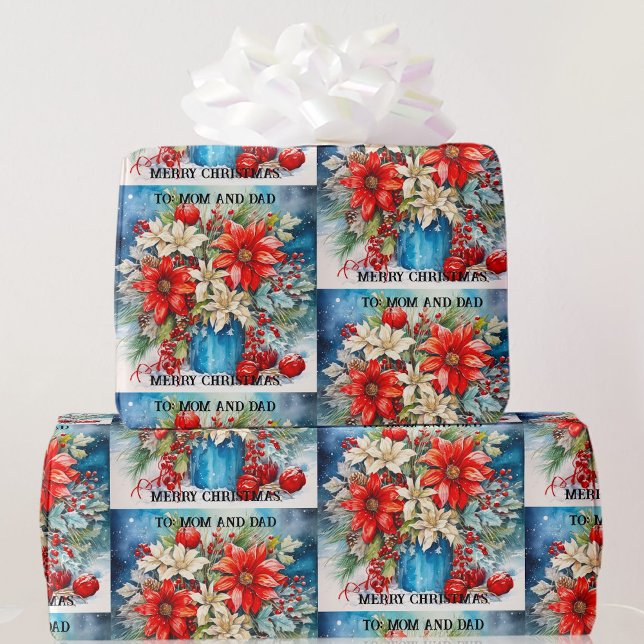 Christmas Poinsettias To Mum and Dad Custom Text Wrapping Paper (Creator Uploaded)