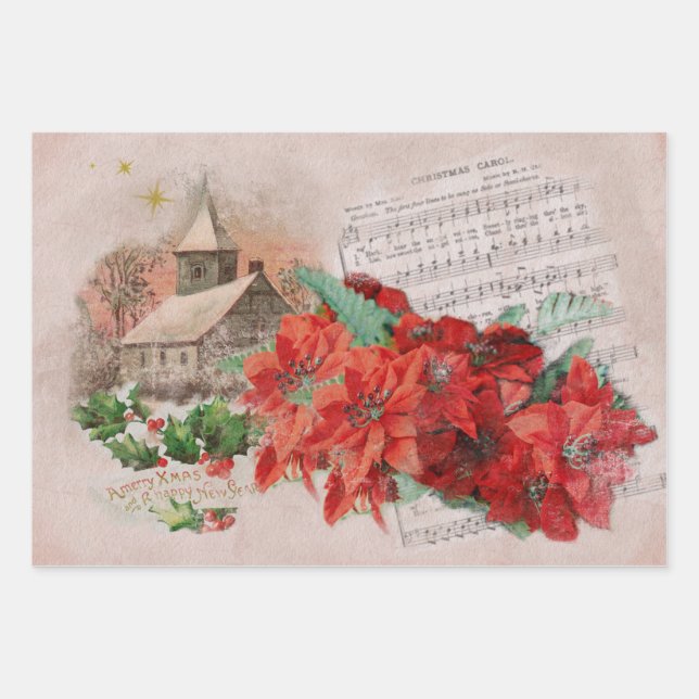 Christmas Poinsettias Vintage Wrapping Paper Sheet (Front)