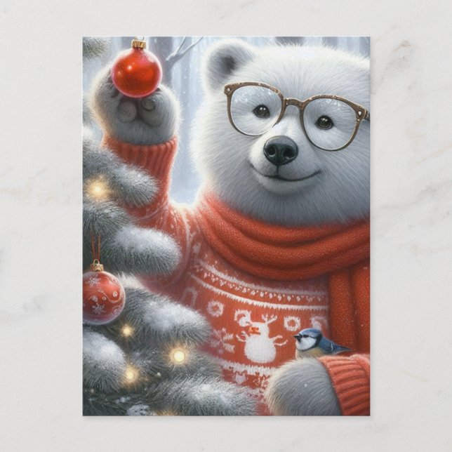 Christmas Polar Bear and little bird Postcard (Front)