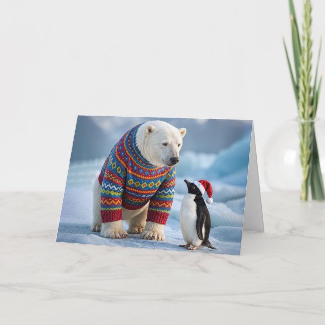 Christmas Polar Bear and Penguin Friends Card (Front)