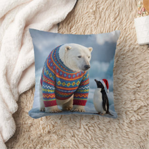 Christmas Polar Bear and Penguin On a Glacier Cushion