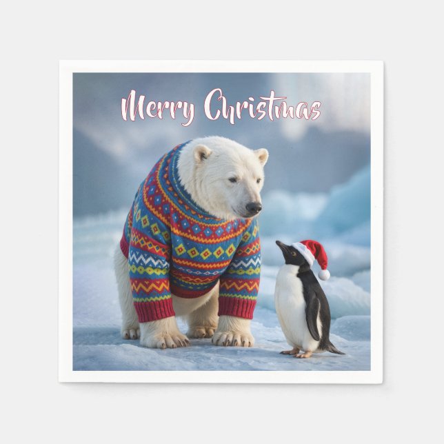 Christmas Polar Bear and Penguin On a Glacier Napkin (Front)