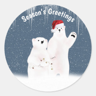 Christmas Polar Bear Couple in Snowflakes Classic Round Sticker