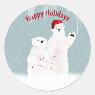 Christmas Polar Bear Couple with Snowflakes Classic Round Sticker