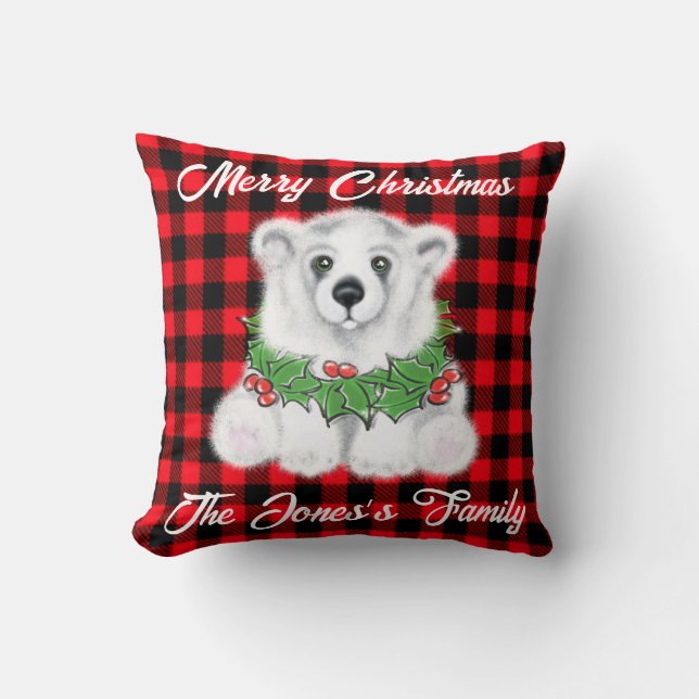 Christmas polar bear cub, Holly berries wreath   Cushion (Front)