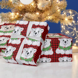Christmas polar bear cub, Holly berries wreath   Wrapping Paper
