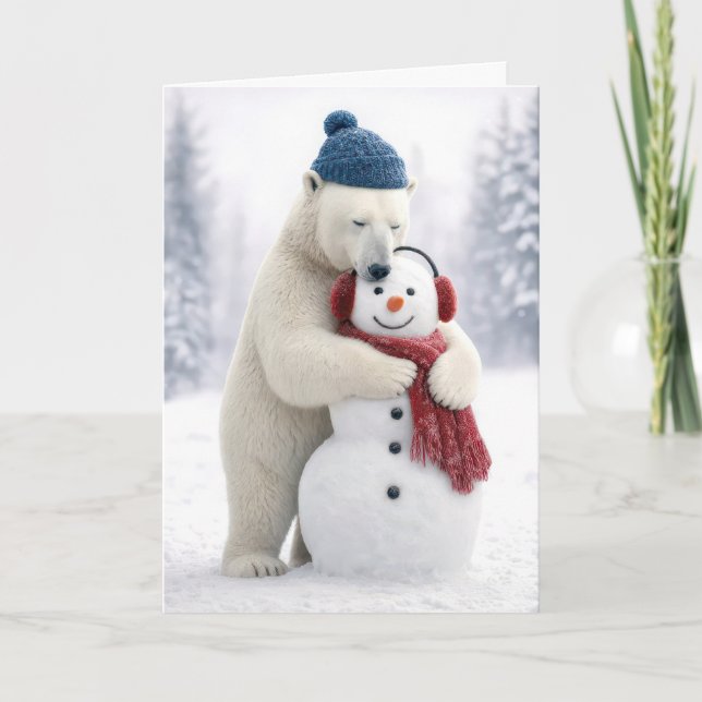 Christmas Polar Bear Hugging a Snowman Card (Front)