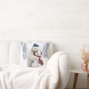 Christmas Polar Bear Hugging a Snowman Cushion